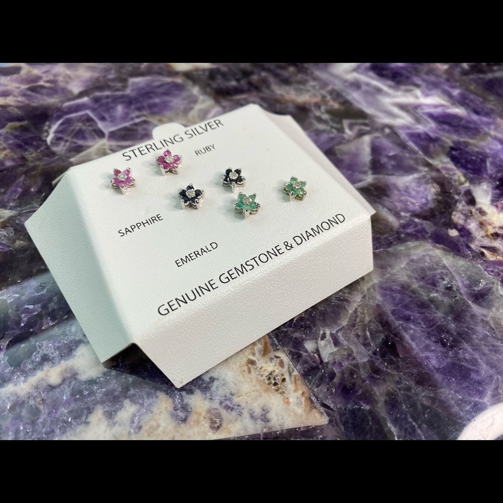 Flower Gemstone & Diamond Sterling Silver Studs